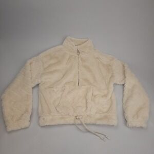 Womens Small Quilted Faux Fur Pullover Sweater Top 1/2 Zip Soft Cozy Cream Beige